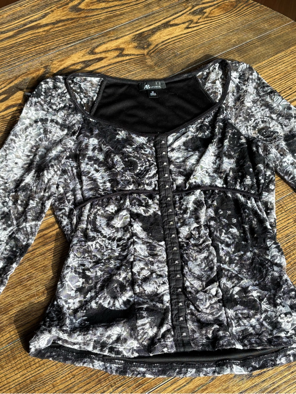 AB Studio Lace Corset Style Top Medium Black Gray Floral Hook & Eye Y2K